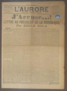JAccuse letter by Emile Zola, published in LAurore, 13th January 1898 by French School