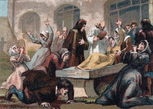 Jansenism: the convulsionaries of the cemetery Saint Medard under Louis XV. Chromolithography around 1890