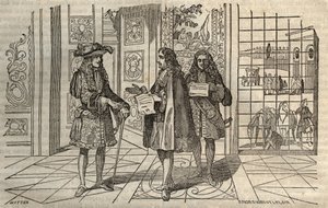 Jean Baptiste Colbert (Jean-Baptiste) (1619-1683) in a meeting with King Louis XIV and Francois Louvois (1641-1691) in Versailles - engraving after Leclerc by French School