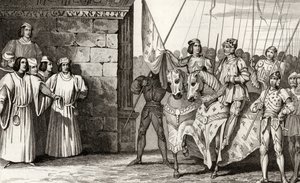 Joan of Arc arrives at Rheims in 1429 to attend the coronation of Charles VII, from 
