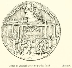 Julien de Medicis assassinated by the Pazzi, Bronze (engraving) by French School
