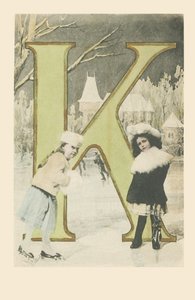 Two girls, sliding and ice skating in winter by French School