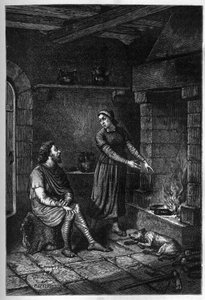 King Alfred the Great forgets the cakes prepared by the Danish house under her roof at Athelney, and burns them, 878 (engraving)