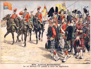 King Edward VII reviewing Highland troops. In England. King Edward VII (1841-1910) passing the review of highlanders. Illustration for Le Petit Journal, 8 October 1905 by French School