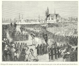 King Philip III of France carrying the bones of his father, Louis IX, to his burial in the Basilica of St Denis, Paris by French School