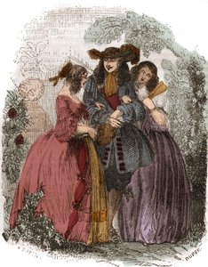 King of France Louis XIV (1638-1715) with Hortense Mancini (1646-1699) and his sister Marie Mancini (1639-1715). Nieces of Mazarin. Engraving of the 19th century by French School