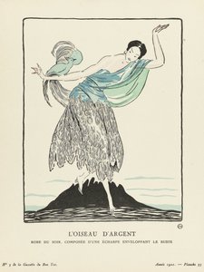 The Silver Bird. Evening Dress, composed of a scarf enveloping the bust from La Gazette du Bon Ton, pub. 1914 by French School
