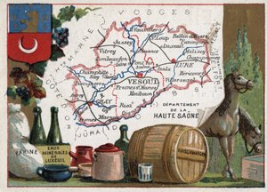 La Haute-Saone, Franche Comte, France. Flour, Luxeuil Minerales, kirschwasser. Series on the French Departments. Chromolithography the geographic thread, circa 1920. Private collection by French School