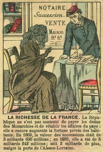 La Riche de la France, illustrating the benefits of the Third Republic on the personal enrichment of the French. Engraving, in Le Figaro, supplement, on 30/03/1889, Paris.