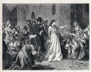 The Terror during the French Revolution: Madame Jeanne Marie Roland de la Platiere (1754-1793) leaving the Concierge prison to go before the Revolutionary Court in 1793. Her co-detainees kneel in her path