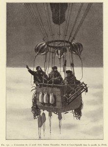 Ascent of April 15, 1875, Gaston Tissandier, Sivel and Croce-Spinelli in the Gondola of Zenith (engraving) by French School