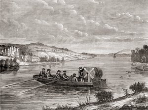 Laying a telegraph cable under an American river c.1860, from Les Merveilles de la Science, published c.1870 (engraving) by French School