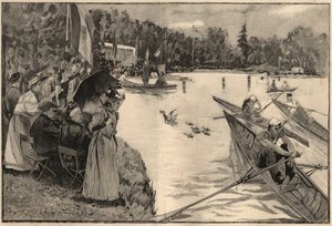 Le Lendit de Paris: school regates at the grand lac du bois de Boulogne - Engraving from 1894 after the drawing by Mr Lunel by French School