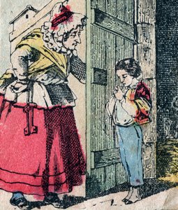 Le Pere Fouettard, French character for the whipping father, legendary figure of folklore punishing the naughty children: his wife, La Mere Fouettard the whipping mother, who delivers repented children - Epinal picture by French School