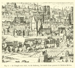 The Temple around 1620, seen from the suburb, facsimile of an engraving by Mathieu Merian by French School
