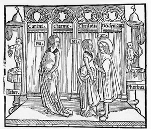 Theatre in the Middle Ages: Three Characters on Stage - Engraving by Terence de Jean Trechsel, ed. in Lyon