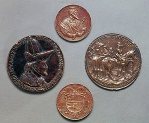 Left and Right: verso = John Palaeologus, recto = Equestrian Effigy of the Emperor, by Pisanello; Top to Bottom: verso = Charles V, recto = The Great Coat of Arms of the Empire, by Hans Reinha by French School