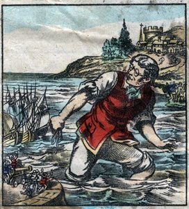 Lemuel Gulliver fired the ships from the Blefuscu army to the capital port of Lilliput. Illustration for "Gulliver