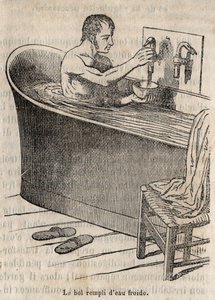 Les gestures du bain - Hygiene in the 19th century - man in a bathtub - engraving in La Sante Universelle - Guide Medical des Familles 1852 by French School