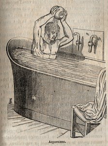 The gestures of the bath - Hygiene in the 19th century - man in a bathtub - engraving in "La Sante Universelle - Guide Medical des Familles" 1852 by French School