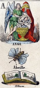 Letter A like Angel, Bee and Album. A Protective Angel near a Child Sleeping in a Cradle. Small Encyclopedic Alphabet. Imaging of Epinal, circa 1860 by French School