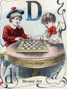 Letter D: Checkers game. Engraving in "ABC des joux pour petits boys". Late 19th century by French School