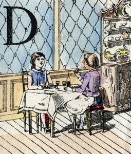 Letter D, Girl Playing Dinette. ABC of the Little Girls. Epinal Imaging by French School