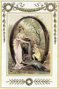 Letter Q Representing a Mother and Her Son Drinking Water from the Spring, Late 19th Century (chromolithograph) by French School