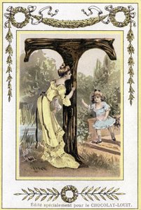 Letter T representing a mother and her daughter playing hide and seek, late 19th century (chromolithograph)