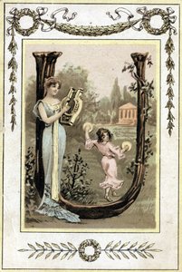Letter representing a mother playing lyre and her daughter dancing with timpani, late 19th century (chromolithograph) by French School