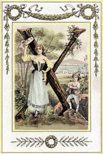 Letter representing a mother with a timpani and her son as a shepherd with a bagpipe, late 19th century (chromolithograph)