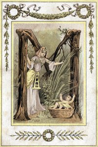 Letter representing an Egyptian mother finding an abandoned child (Moses saves waters), late 19th century (chromolithograph)