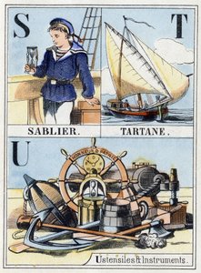 Letters S as hourglass, letter T as tartane, letter U as utensils and instruments. Navy abecedary. Epinal image by French School