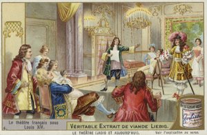 Liebig card featuring French theatre during the reign of Louis XIV by French School