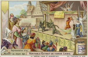 Liebig card featuring a representation of a medieval mystery
