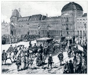 Life under Louis XV: The King Arriving at the Palais des Tuileries, where the Queen and the Dolphine Await Him - in "Paris through the Centuries" by Gerouillac by French School