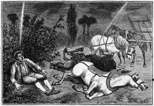 Lightning: A man finds sitting under a bush beside his four killed horses by French School
