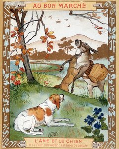 The Donkey and the Dog, fable by La Fontaine - Bon Marché advertising label by French School