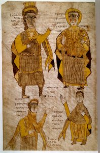Lodhanri King of the Alamans surrounds a bishop, a duke and a count. Manuscript 