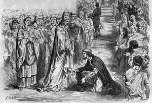 Louis I The Pious or The Debonnaire (778-840) at the knees of Pope Stephen V (pope from 896 to 897). Engraving in 