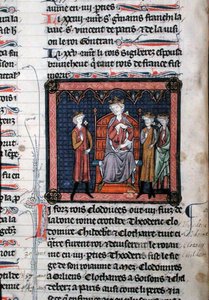 MS.782 Childeric II (c.650-675), Clodomir (c.495-524) and possibly Theodoric, represented as under the protection of King Clotaire I (c.497-561), seated on a throne, miniature from the Chroniques de Saint-Denis
