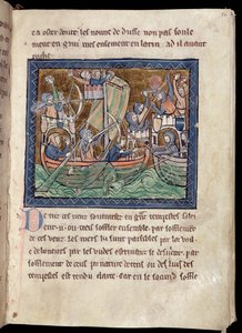 Page of text with illumination of a sea battle, from De Re Militari, c.1270 by French School