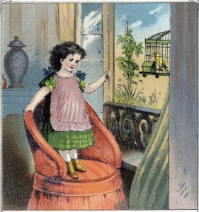 Madeleine, the little girl, received a serin for her birthday: this one is in a cage and despite the affection the child bears him, he regrets his freedom and feels a prisoner by French School