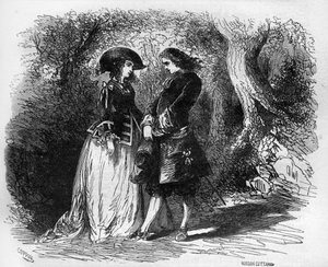Mademoiselle de Pons met her young lover Malicorne around 1653. Engraving in 