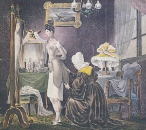 Maid assisting her mistress to dress in padding for breasts and bottom
