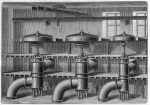 Manufacture of aluminium; installation of turbines and dynamos at Neuhausen plant (Switzerland). Engraving in 