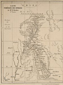 Map of Laos and the Mekong River Showing the Route of the Voyage of Henri Mouhot, Illustration from Travels in the Central Parts of Indo-China (Siam), Cambodia, and Laos During the Years 1858, 1859