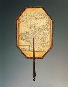 Map of Northwestern France, gouache-painted cardboard fan with watercolored print and shaped wood handle