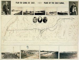 Map of the Suez Canal accompanied by different views and portraits of Ferdinand de Lesseps and Ismail Pasha, 1869