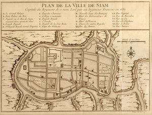 Map of the city of Siam, capital of the kingdom of that name after a survey done by a French engineer in 1687, published in the 1751 edition of Histoire Generale des Voyages by Antoine Prevost